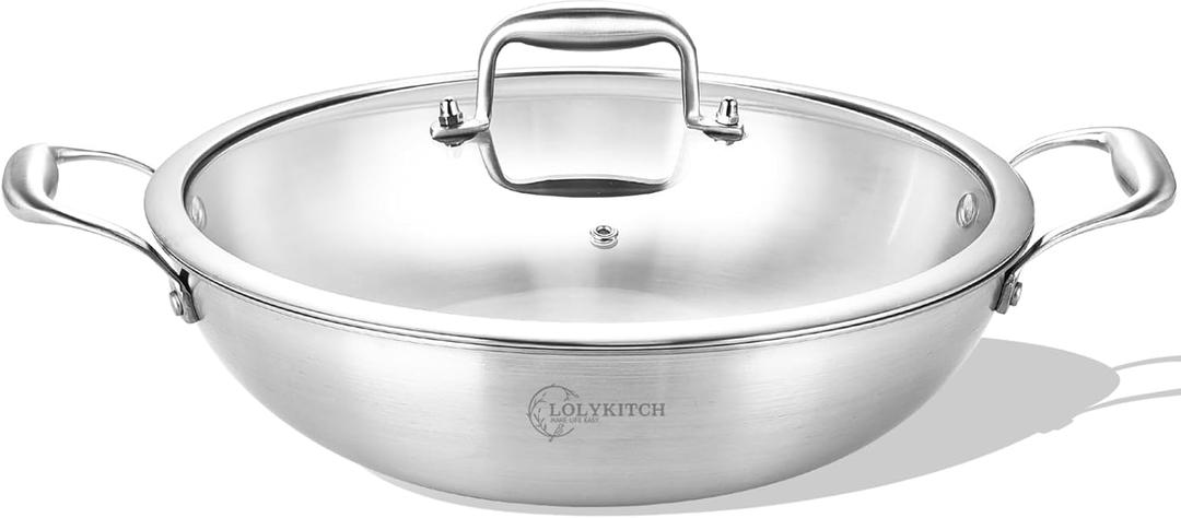 LOLYKITCH 12 Inch Tri-Ply Stainless Steel Wok Pan with Lid,Kadai,5 QT Induction Cooking Pot,Dishwasher and Oven Safe