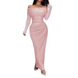 Unybwonn Women Sexy Off Shoulder Mesh Maxi Dress Long Sleeve Ruched Party Formal Stretch Elegant Party Club Long Dresses (Small, Green)