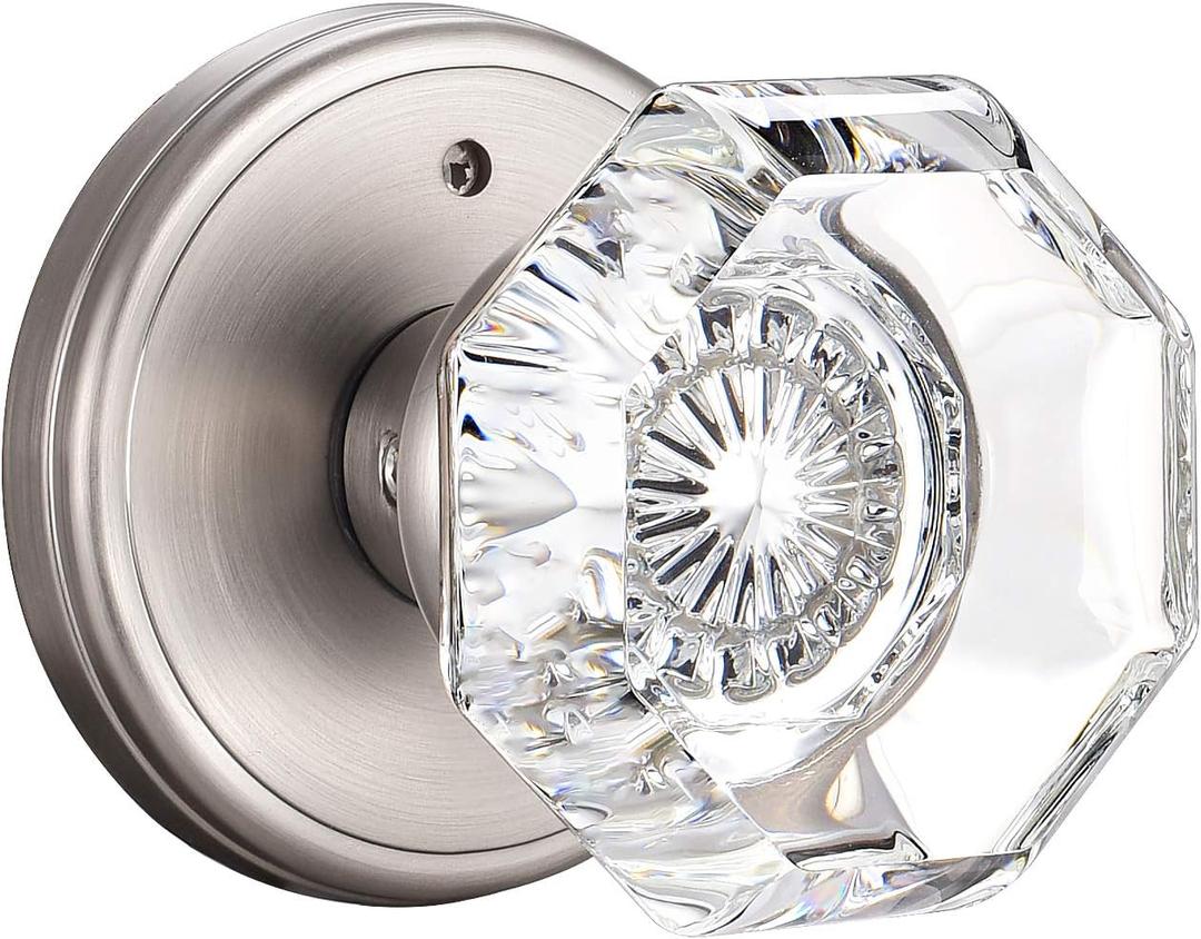 Crystal Glass Door Knobs Interior, Modern Bathroom Bedroom Door Knobs with Lock Privacy Function, Satin Nickel