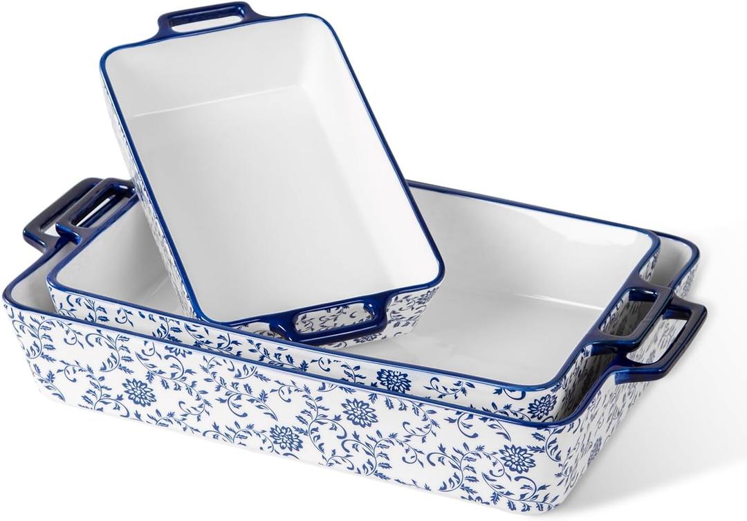 Ceramic Bakeware Set - Casserole Dish Baking Dishes for Oven - Rectangular Lasagna Pans with Handles for Kitchen Cooking - Microwave & Dishwasher Safe - Set of 3 (15.1''/13.6''/9.9'') - Blue