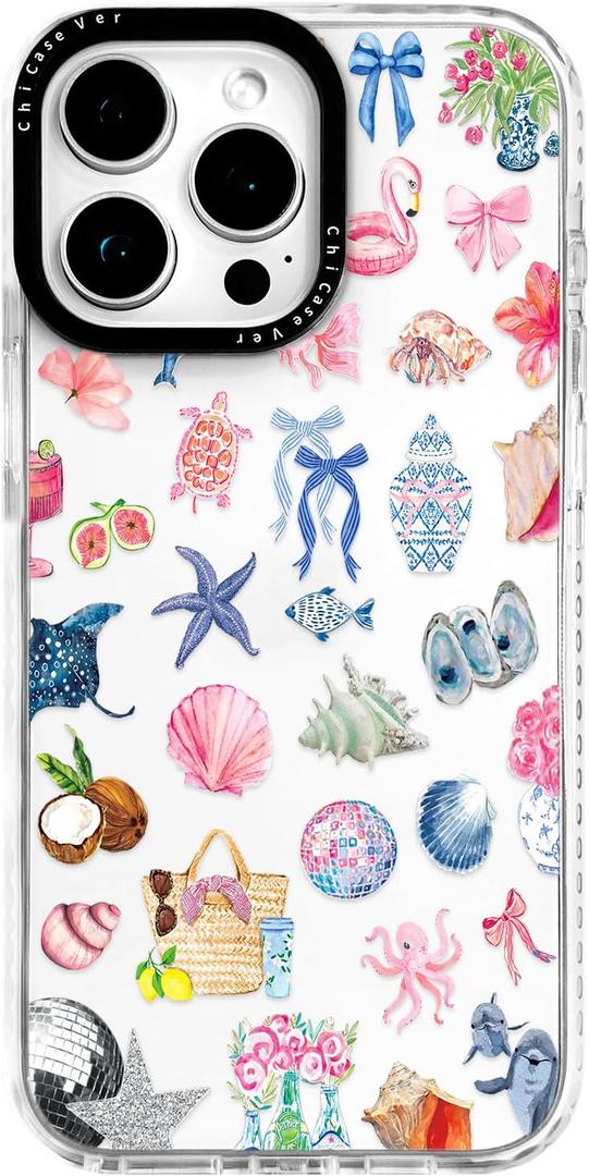 for iPhone 14 Pro Max Case, Tropical Beach Collage Pattern with Flamingos, Military-Grade Drop Protection, Colorful Summery Soft Slim TPU Protective & Camera Protection for Women Girls (OceanCut)