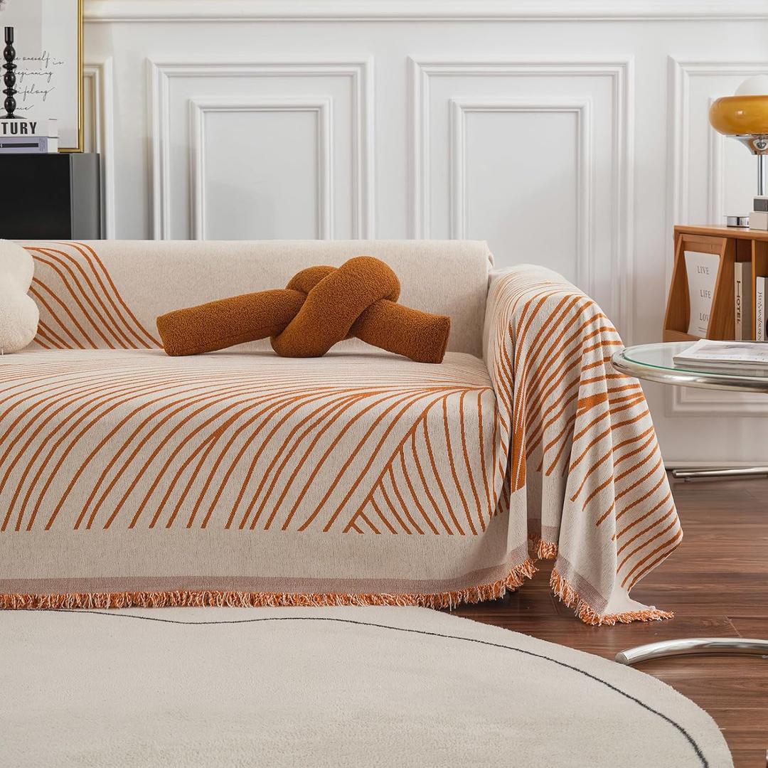 Couch Cover Soft Chenille Sofa Cover Modern Minimalist Creamy Beige Couch Cover with Abstract Terracotta Line - Washable Non Slip Sofa Slipcover Reverse 3-Seaters Sofa Protector