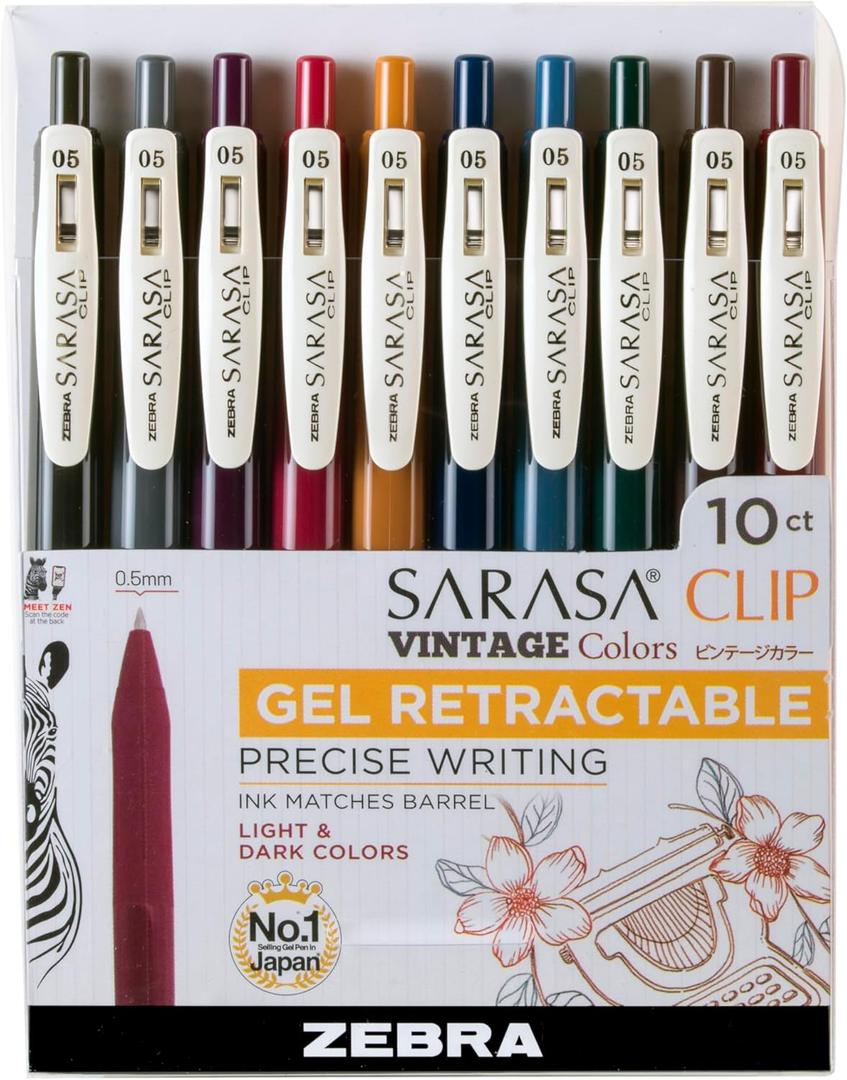 Zebra Pen Sarasa Clip Retractable Gel Pen, 0.5mm Fine Point, Light and Dark Assorted Colors, Ideal for Teacher Gifts, School Supplies and Office Supplies, 10-Pack (47510) (Neutral Vintage C)