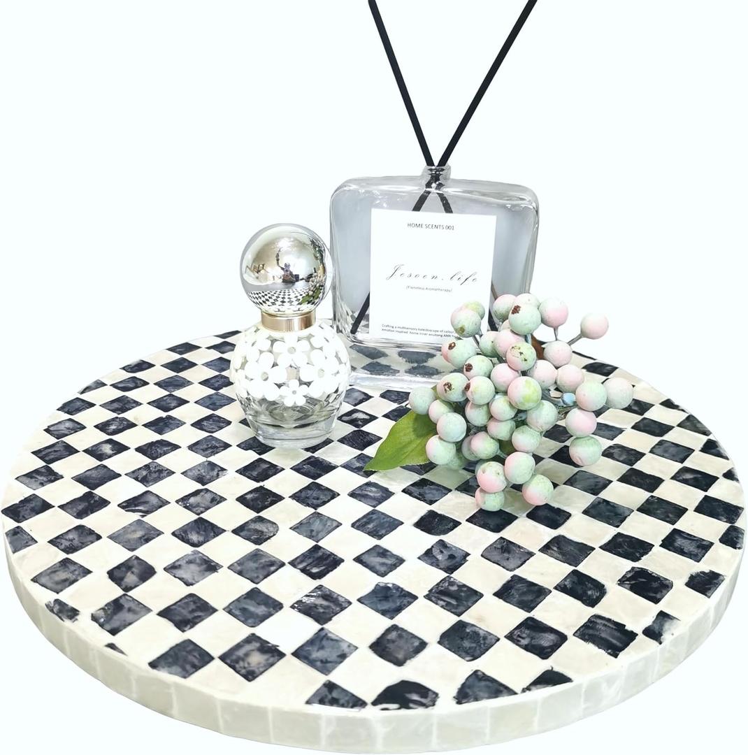 Lazy Susan Organizer, Bohemian Checkered Pattern with Mother of Pearl, 12 Inch Rotating Tray for Farmhouse Kitchen, Spice Rack, Coffee Table Centerpiece