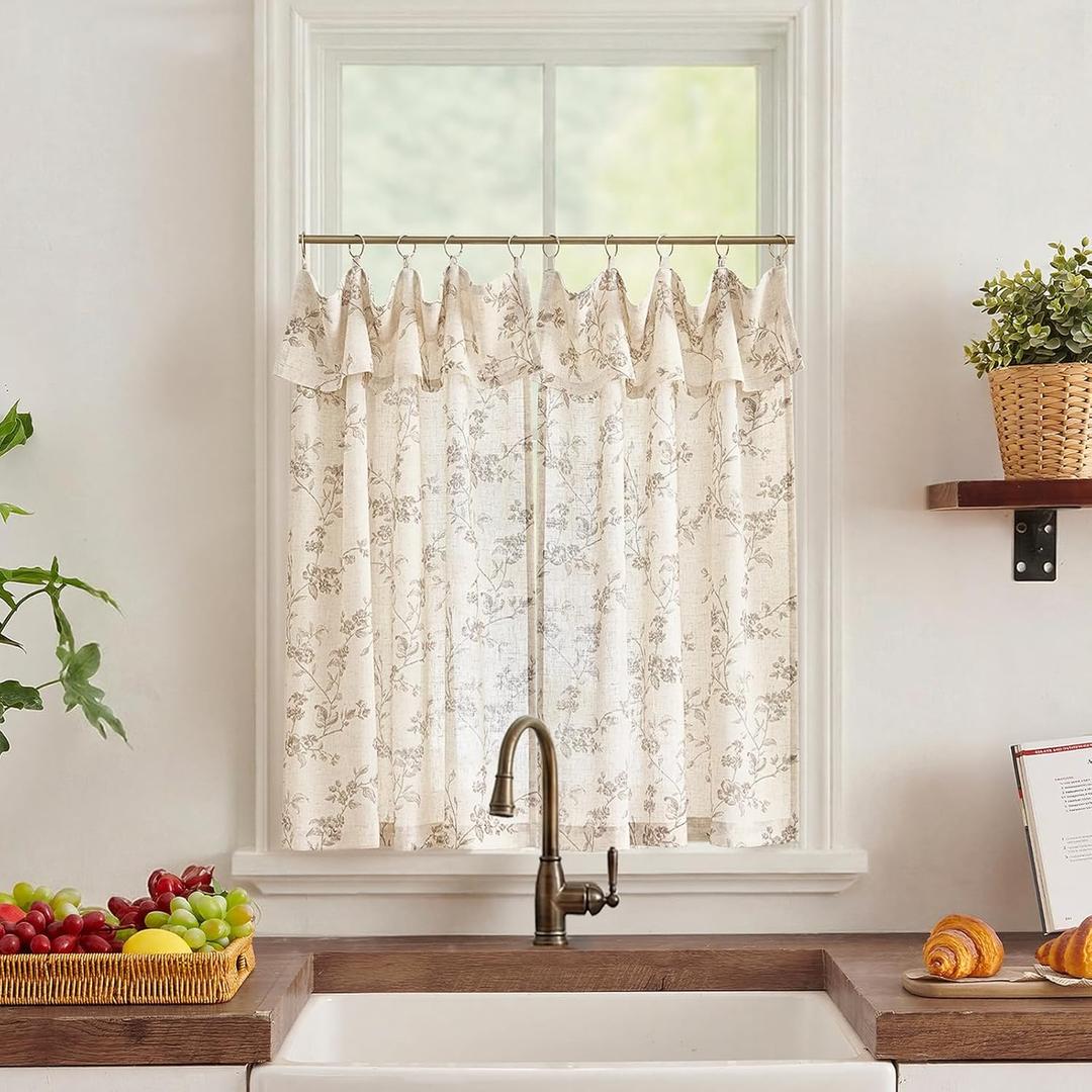 jinchan Floral Linen Kitchen Curtains with Attached Valance 36 Inch Length Farmhouse Cafe Tier Curtains for Living Room Bathroom Rustic Half Window Light Filtering Small Drapes 2 Panels Taupe,30"W x 36"L (Pack of 2)