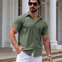 URRU Men's Muscle Dress Shirts Slim Fit Stretch Short Sleeve Casual Button Down Shirts for Men (Green, XL)