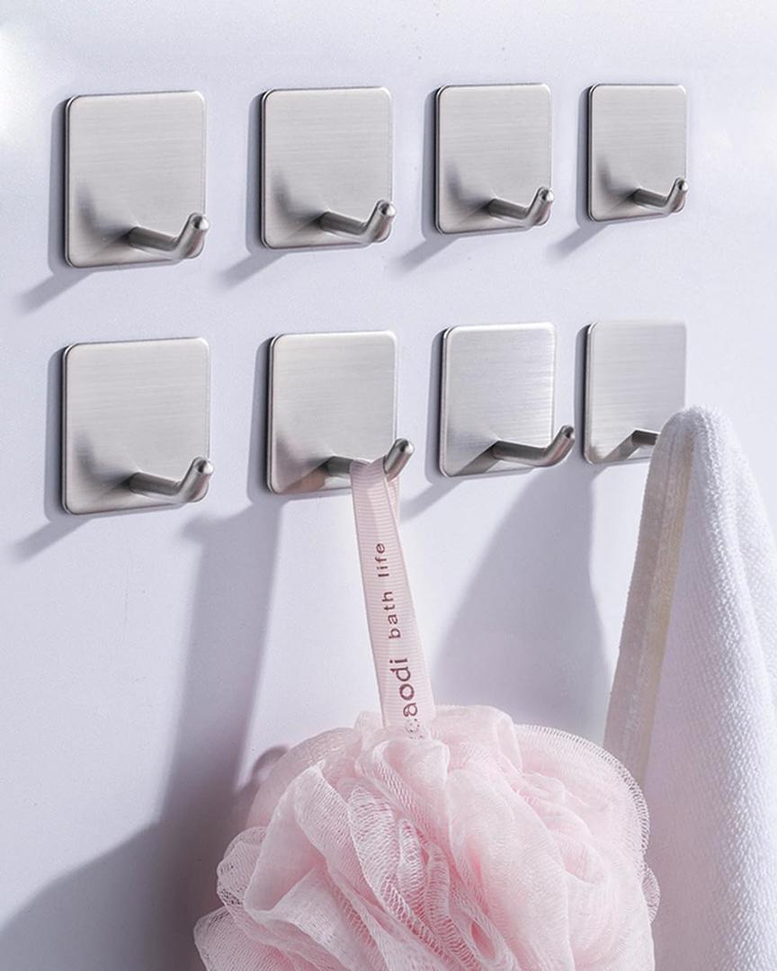 8 Pack Adhesive Wall Hooks, Self-Adhesive Hooks for Bathroom, Door Back Stick-On Towel Hooks, Hanging Coat Hat Key Washcloths Aprons Oven Mitts for Kitchen Shower Garage Home, Silver