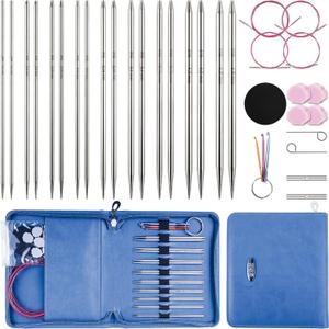 Froggod 4.5-Inch Aluminum Lace Interchangeable Circular Knitting Needle Set, Sizes US 1, 1.5, 2, 2.5, 4, 5, 6, 7 Interchangeable Knitting Needles Lace-Tip with 4 Assorted Cables with Project Bag (Blue)