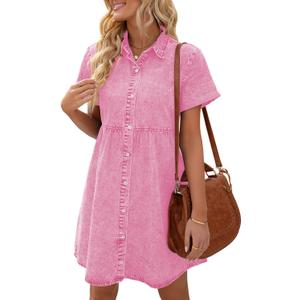 LookbookStore Women's Short Sleeve Button Down Flowy Tiered Babydoll Denim Dress (Medium, Aurora Pink)