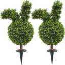 Damomo 27'' Artificial Bunny Shaped Topiary Trees with Ground Spike Set of 2, Outdoor Indoor Faux Boxwood Topiary Ball Bushes Potted Fake Shrubs Front Porch Decor Outside Garden