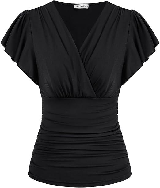 GRACE KARIN 2025 Womens Tops Summer Wrap Blouse V Neck Ruffle Sleeve Dressy Casual Top Ruched Trendy Clothes, XL