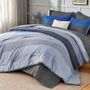 Oversized Queen Comforter Set, Blue Grey, 7 Pieces Bed in a Bag | Soft Lightweight Reversible Bedding Set(98"x98"), with Striped Comforter, Fitted & Flat Sheet, Pillowcases & Shams