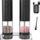 Electric Salt and Pepper Grinder Set, Rechargeable Automatic Salt and Pepper Grinder Set, One Hand Operation with LED Light, Adjustable Coarseness, Refillable, 95ml, Black (2 Pack)