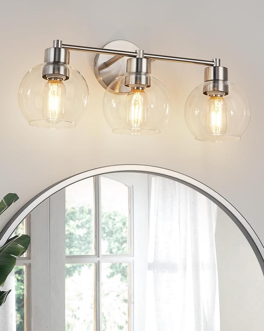 WILON Brushed Nickel Vanity Lights for Bathroom, 3 Light Bathroom Vanity Light with Globe Clear Glass Shades, Silver Bathroom Lighting Fixtures Over Mirror, Modern Bathroom Sconces Wall Lamp