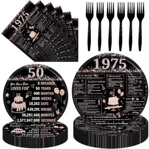 Hokinaa 1975 50th Birthday Decorations - 96 Pcs Black Rose Gold 50th Party Tableware Set Cheers to 50 Years Disposable Paper Plate Napkin Fork Supplies for Women Birthday Party Serves 24 Guests