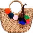 Summer Rattan Bag for Women Straw Hand-woven Top-handle Handbag Beach Sea Straw Rattan Tote Clutch Bags (Khaki Pink With Pendant)