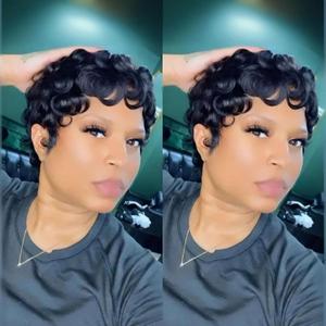 VRZ Short Pixie wigs for Black Women Pixie Cut Curly Human Hair Wig for Black Women Glueless Short Layered Pixie Cut Wigs With Bangs Natural Black Color for Daily Use