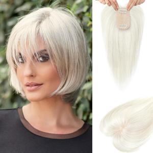 Flufymooz Real Human Hair Toppers for women, 10 Inch Clip in Bangs 100 Human Hair Toppers for Thinning Hairpiece, Cover Hairpiece with 150% Density Silk Base-Silver White