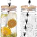 Amzcku 32oz vintage Mason Jars with Bamboo Lids and Stainless Steel Straws -Wide Mouth Quart Canning Jar, Reusable 32oz Boba & Smoothie Cups (2-Pack)