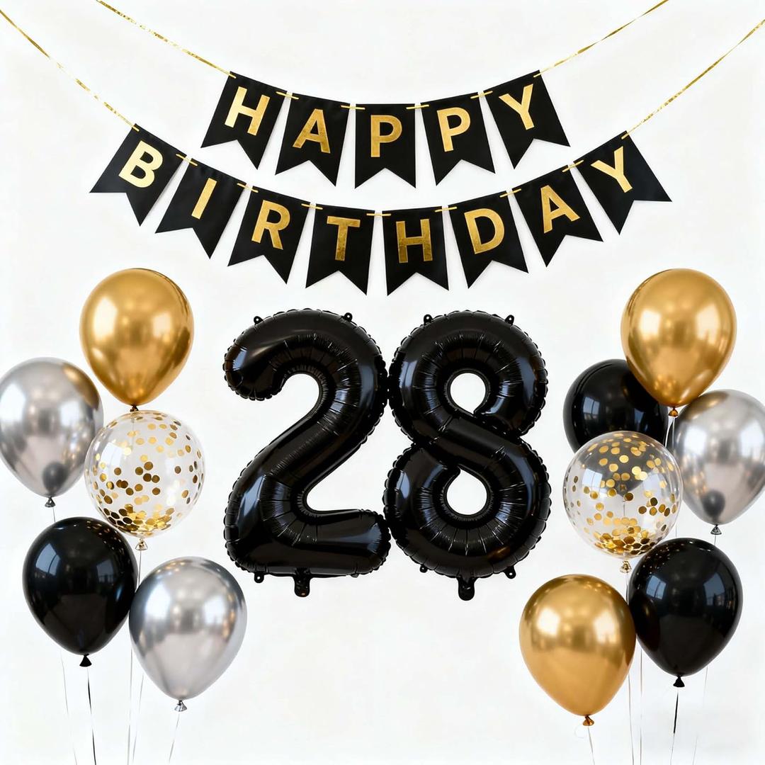28th Birthday Decoration-28 Years Anniversary Party Balloons, Banner, Black Metallic Silver Gold Latex Confetti Balloons for Men Women Cheers to 28 Birthday Party(28th)