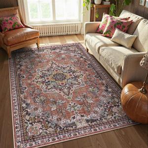 Lahome Oriental Living Room Rug, Ultra-Thin  Washable Rug for Bedroom Non-Slip Boho Area Rug for Dining Room, Non-Shedding Vintage Area Rug for Home Office (Terracotta, 8'x10') Brown/Multi 