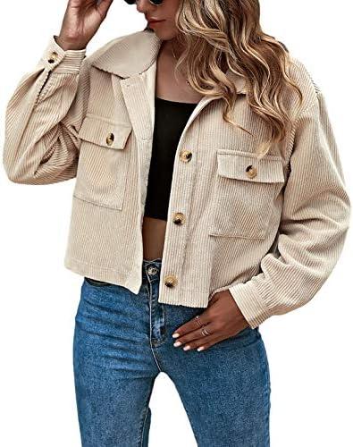 Gihuo Women's Fashion Cropped Shacket Button Down Corduroy Shacket Jackets Casual Plaid Long Sleeve Crop Jackets Tops L