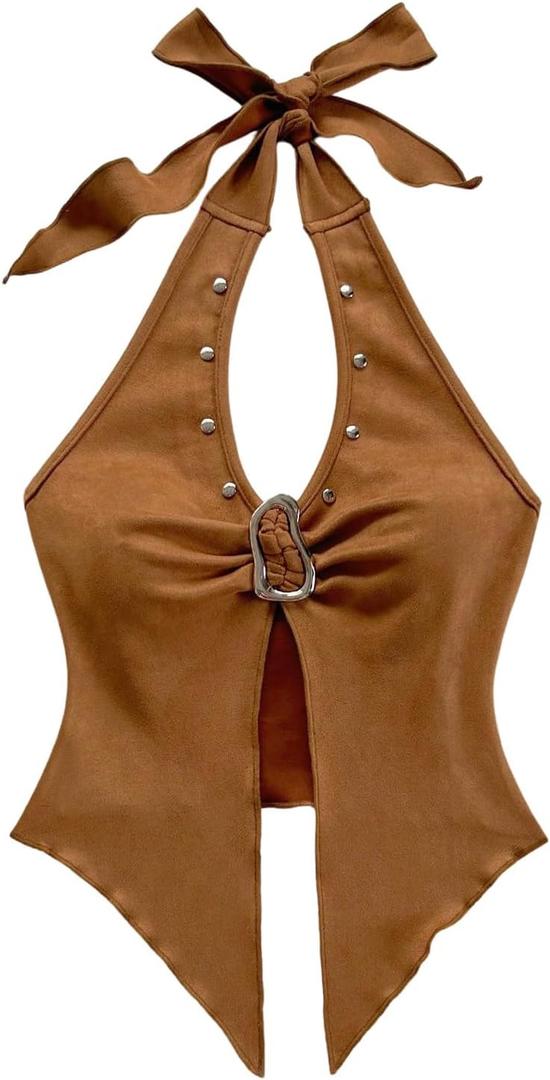 MakeMeChic Women's Halter Tops Cowboy Chic Studded Suede Tie Backless Fall Crop Tops (L)