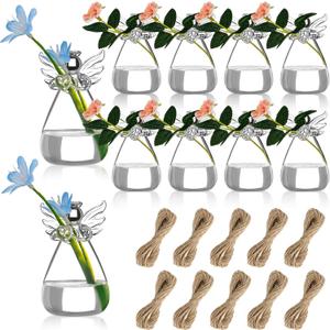 10 Pcs Angel Design Glass Vases Bulk Clear Guardian Angel Flower Vase Angel Centerpieces for Tables Plant Terrarium Container Wedding Decor Garden Ornaments Hanging Planter for Buds Greenery