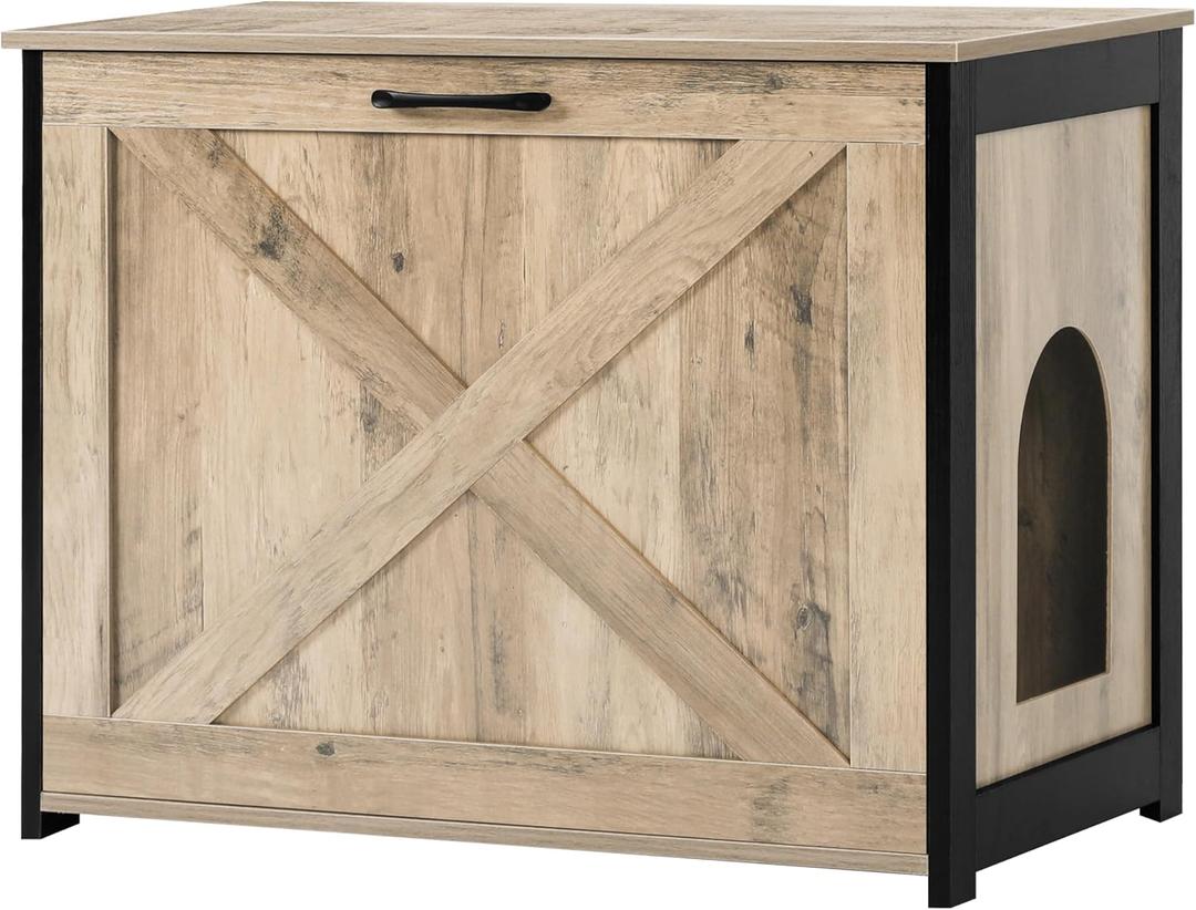 Dwanton Cat Litter Box Furniture Hidden, Cat Litter Box Enclosure, Reversible Entrance Can Be on Left or Right Side, Indoor Cabinet, Wooden Washroom, End Table, Nightstand, Greige, 27.6" L
