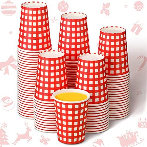 Jinei 100 Pcs 9 oz Christmas Disposable Paper Cups White and Red Plaid Cups Christmas Party Supplies for Coffee Cold Hot Drinks Birthday(Red, White)