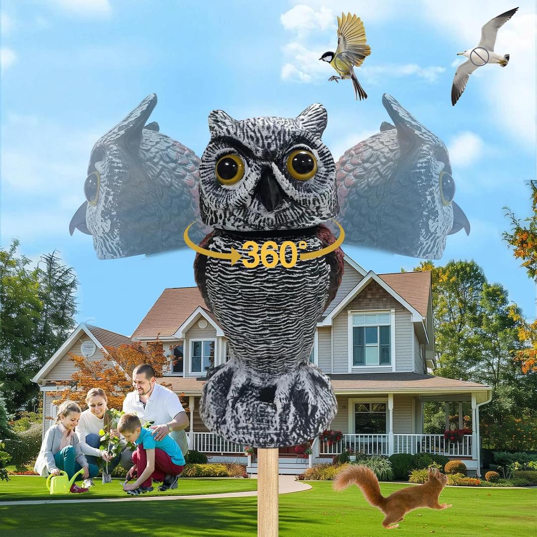 Fake Owl Decor - Rotating Head Garden Scarecrow for Outside Orchard Farm, Waterproof Outdoor Garden Statues, Plastic Owl Decor for Home Patio Yard Decorations
