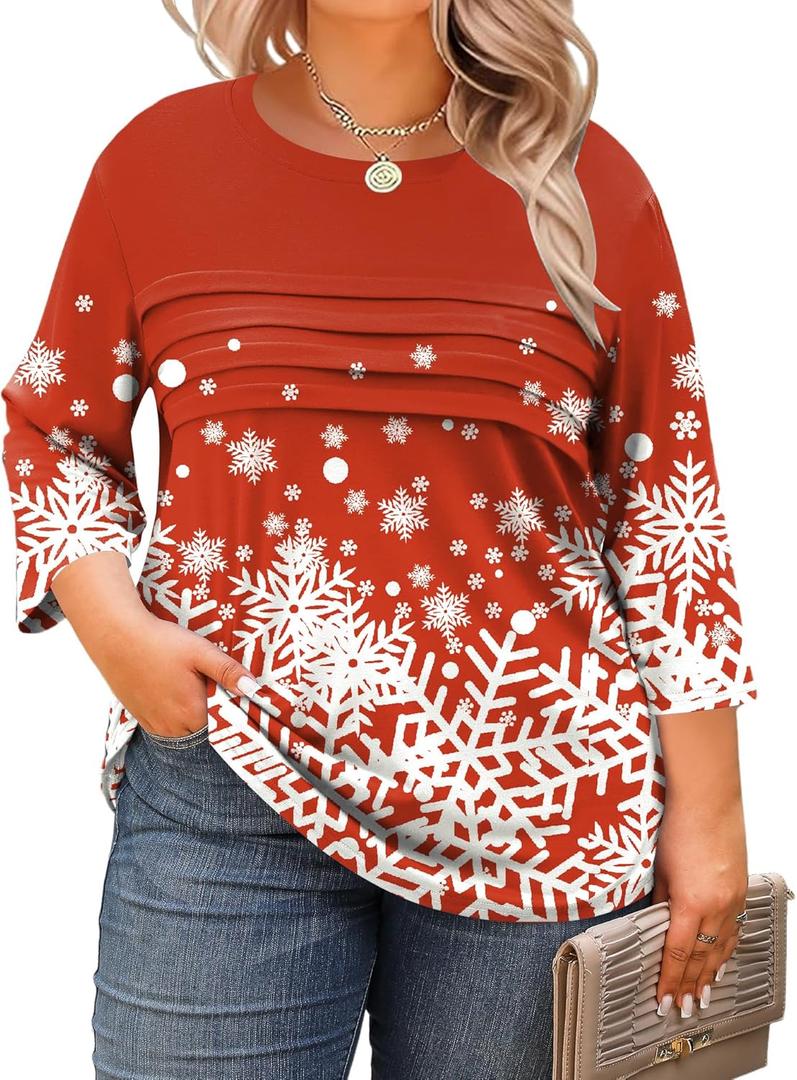 LOMON Plus Size Women Blouses 3/4 Length Sleeve Tops Crewneck Pleated Casual Tees Shirts 3XL (Christmas Snowflakes)