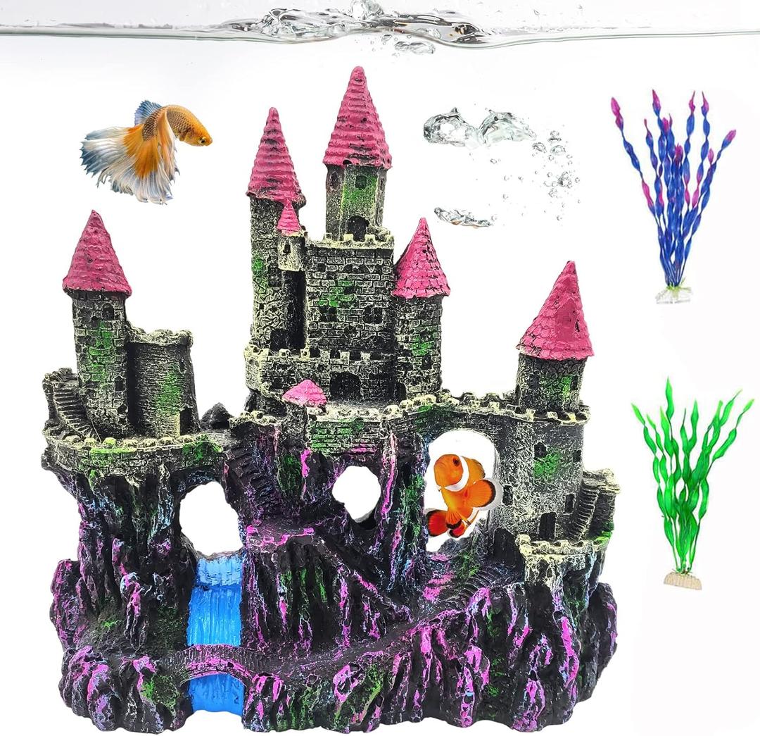 PINVNBY Aquarium Resin Castle Decoration,Fish Tank Driftwood Castle Cave Hideouts House Plants Supplies Accessories(Pink)
