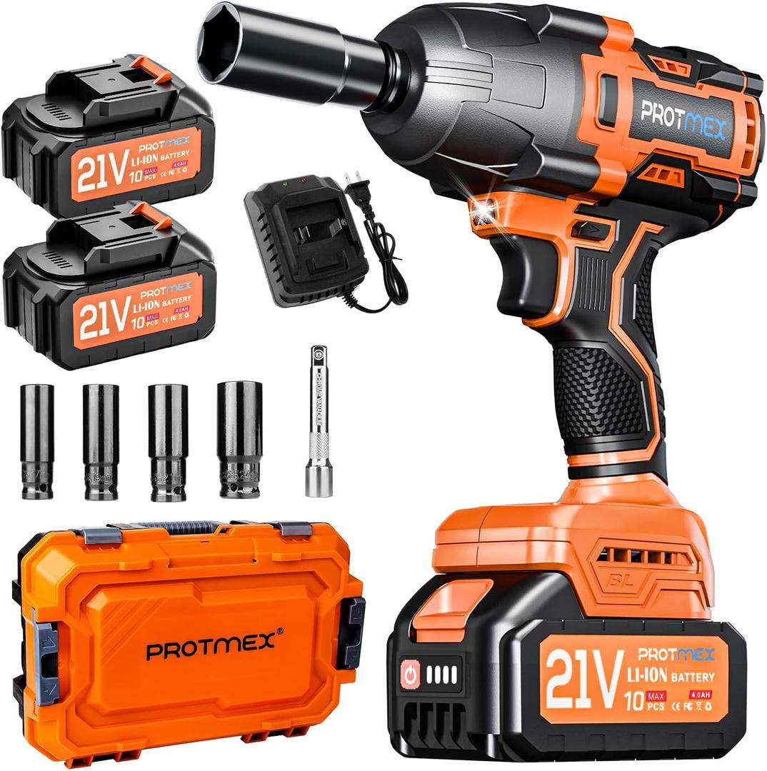 Protmex Cordless Impact Wrench, 900Ft-lbs (1200N.m) 1/2" Brushless Impact Gun, 21V High Torque Power Impact Driver, 2x4.0Ah Batteries Electric Impact Motor Variable Speeds for Car/Pickup Truck/Mower (Orange)