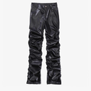 Men's Punk Style Shiny Pleated PU Leather Pants Men's Loose Straight Leather Trousers Black M