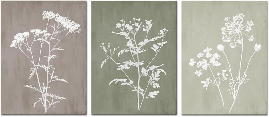 LoveHouse Gray Green Floral Wall Art Botanical Canvas Prints Wildflower Wall Decor Silhouette Paintings Farmhouse Pictures for Bathroom Bedroom