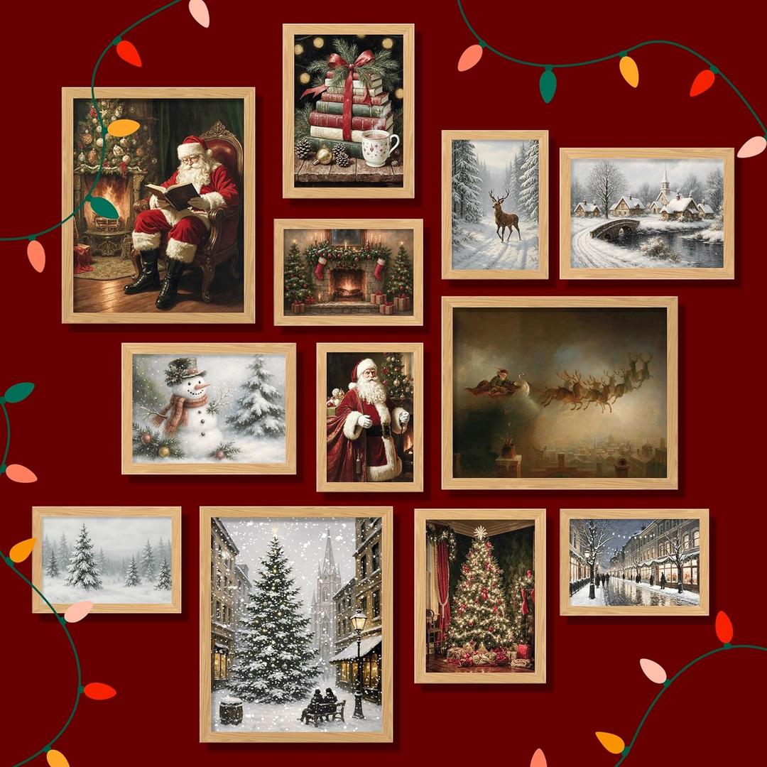 97 Decor Vintage Christmas Prints Unframed - Classic Christmas Wall Art, Moody Christmas Pictures Wall Decor Aesthetic, Holiday Poster Winter Art, Retro Xmas Painting Santa Artwork For Home Bedroom
