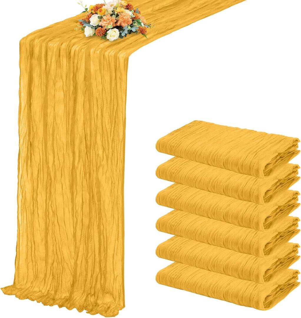 6 Pack Gold Table Runner 17x108 Inch Cheesecloth Table Runner Boho Gauze Table Runners Romantic Rustic Sheer Fabric Cheese Cloth Table Runners for Wedding Party Baby Shower Birthday Home Decor