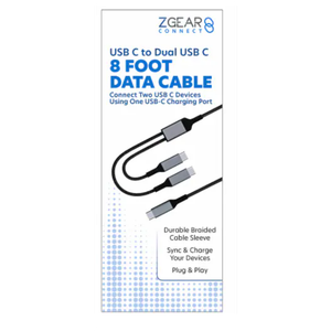 ZGEAR CONNECT. USB-C to Dual USB-C. 8ft Data Cable.