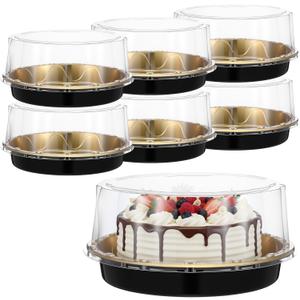 MAQUITA 6 Pack Round Clear Gold Carriers for Transport Plastic Disposable Cake Containers Carriers with Dome Lids and Boards Clear Bundt Boxes (9.5 inch)