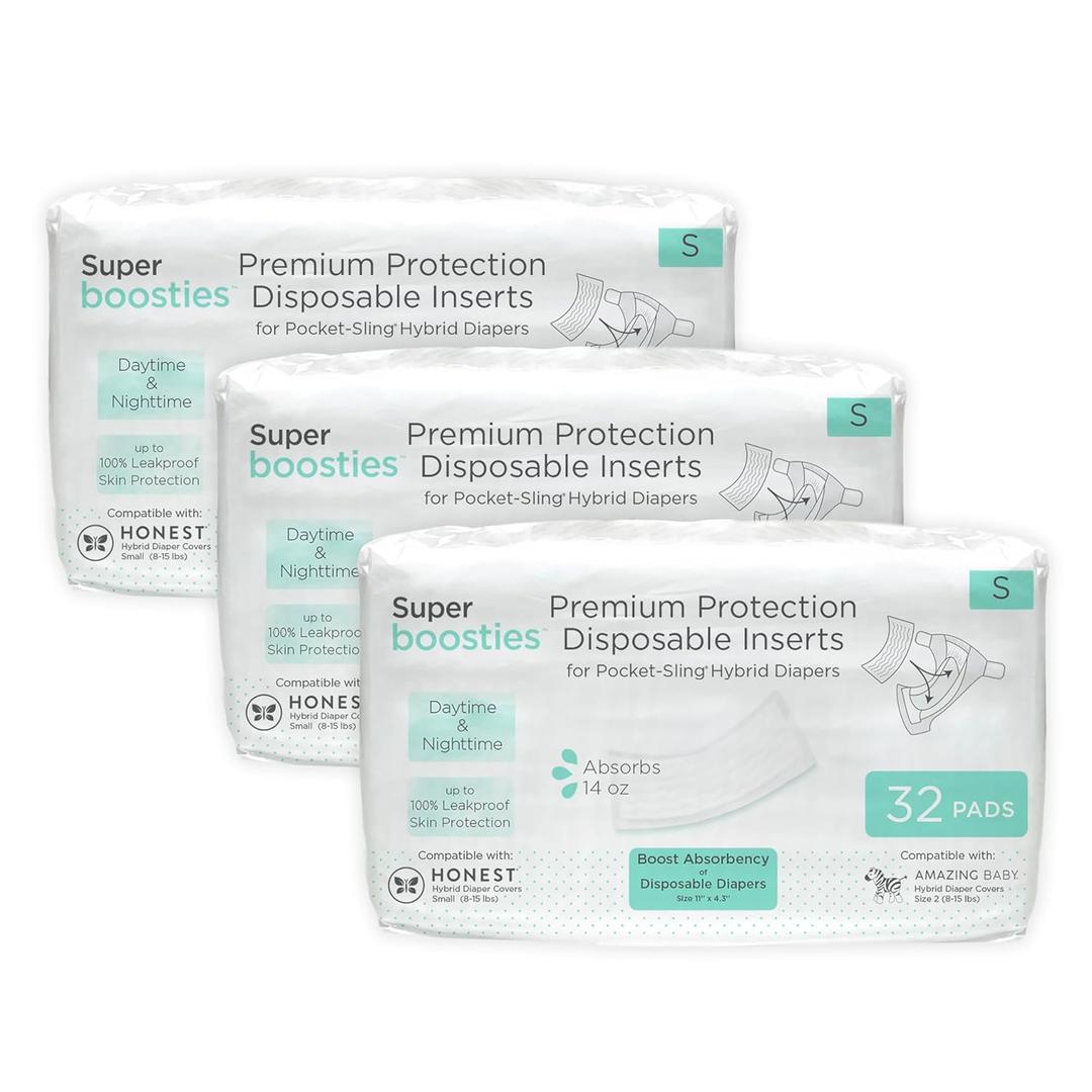 Overnight Diaper Leak Stopper, Super Boosties Disposable Inserts, Use with Pampers Sizes 2-6, Honest Hybrid Diaper Cover Sz Small, Amazing Baby Cover Sz 2, Pocket-Sling Compatible, 4.3x11 in, 96 count
