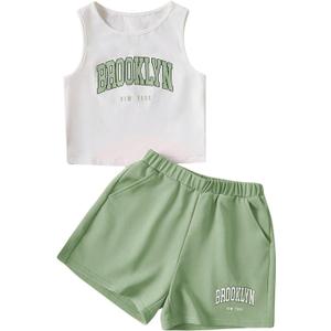 Floerns Girl's Summer Letter Graphic Tank Top Sport Shorts Sets 2 Piece Outfit 11-12