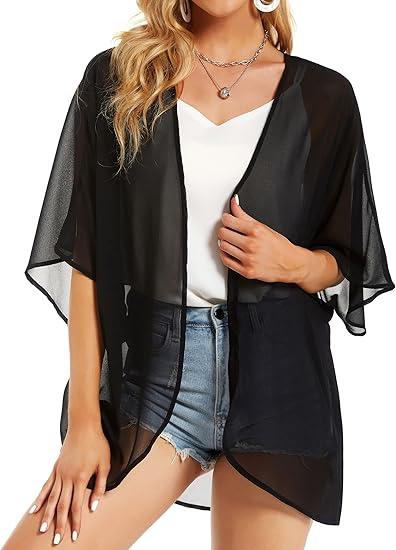 Chunoy Women Lightweight Kimono Cardigan Short Sleeve Loose Beach Wear Cover Up XXL