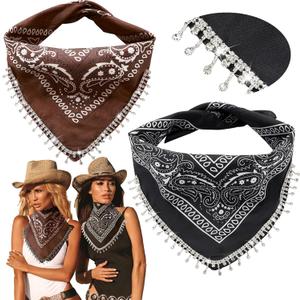 Vabean 2 Pcs Disco Rhinestone Fringed Bandana Paisley Bandanas Cowgirl Bachelorette Rhinestones Tassel Kerchief (Black and Brown)