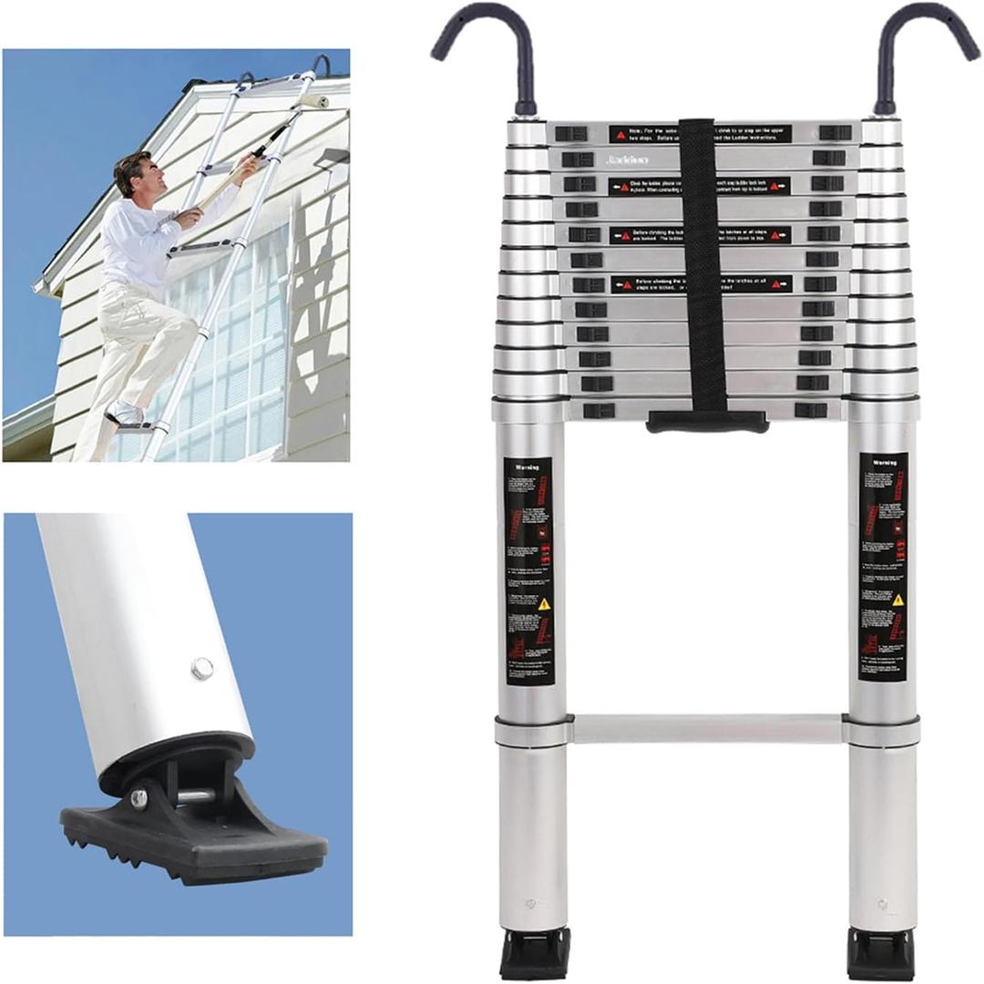 JADDUO Telescoping Ladder with Hooks, 16.5 FT Aluminum Collapsible Extension Ladder - 350 LBS Capacity, Non-Slip Feet, Portable Multi-Purpose Compact Ladder for Home, RV, Loft (All Aluinum 16.5FT with Hook,Silver, Silver)
