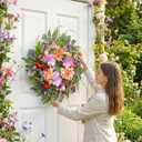 24 Inch Spring Wreath Artificial Wreaths for Front Door Summer Wreath with Dahlia Red Cardinals & Purple Berries, for Front Door Porch Window Farmhouse Year-Round Floral Decor Front Door Wreath