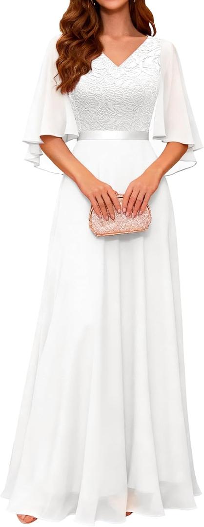 DRESSTELLS Formal Wedding Guest Dresses, 2025 Fall Bridesmaid Party Cocktail Evening Long Prom Lace Dress (Small, White)