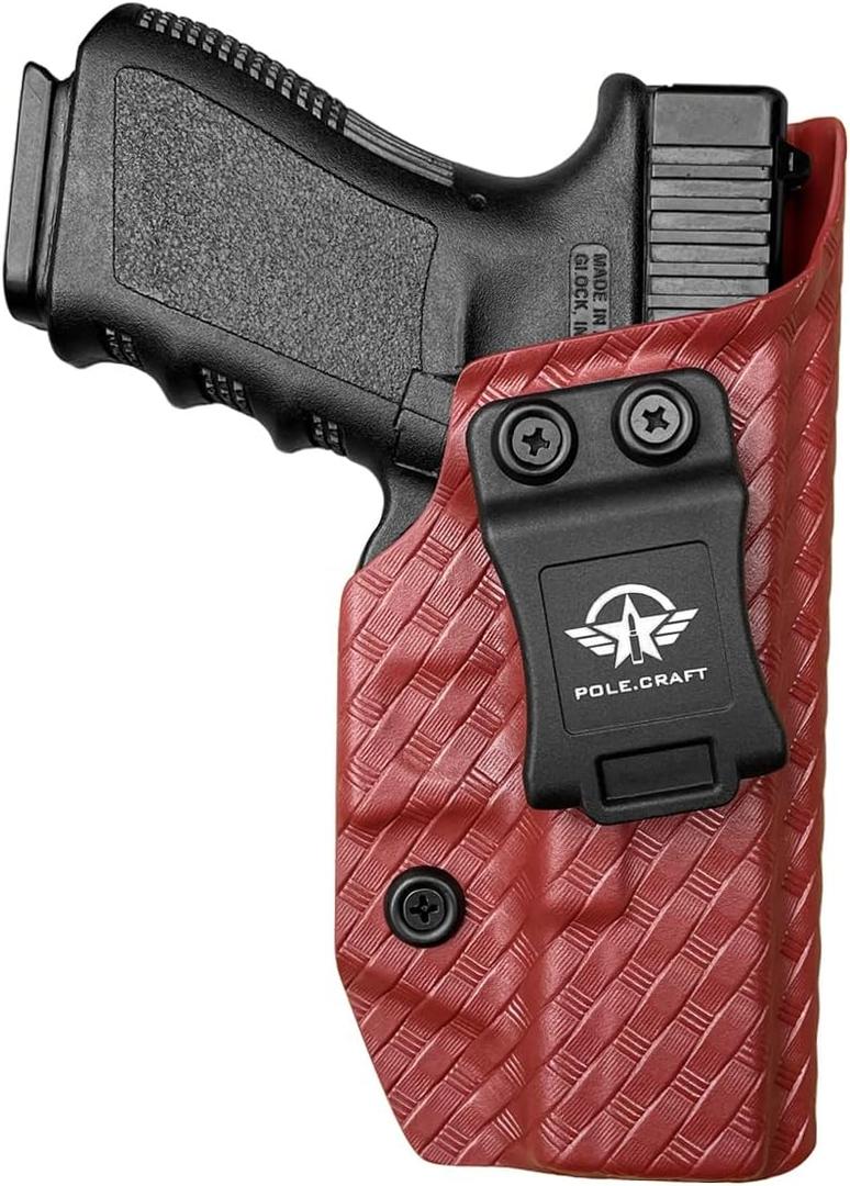POLE.CRAFT IWB Kydex Holster Fits: Glock 19 19X 25 44 45 (Gen 1-5) & Glock 23 32 (Gen 3-4) Pistol - Inside Waistband Concealed Carry - Cover Mag-Button - Widened Entrance - No Wear, No Jitter (Weave Red, Right Hand Draw (IWB))