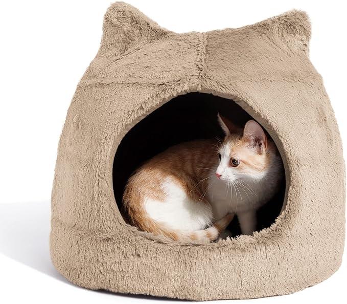 Catstages Meow Hut, Covered Cat Bed Cave for Indoor Cats, Cozy Enclosed with Removable Cushion, 16” x 15” x 15”, For Small Pets Up to 15 lbs, Tan, Small