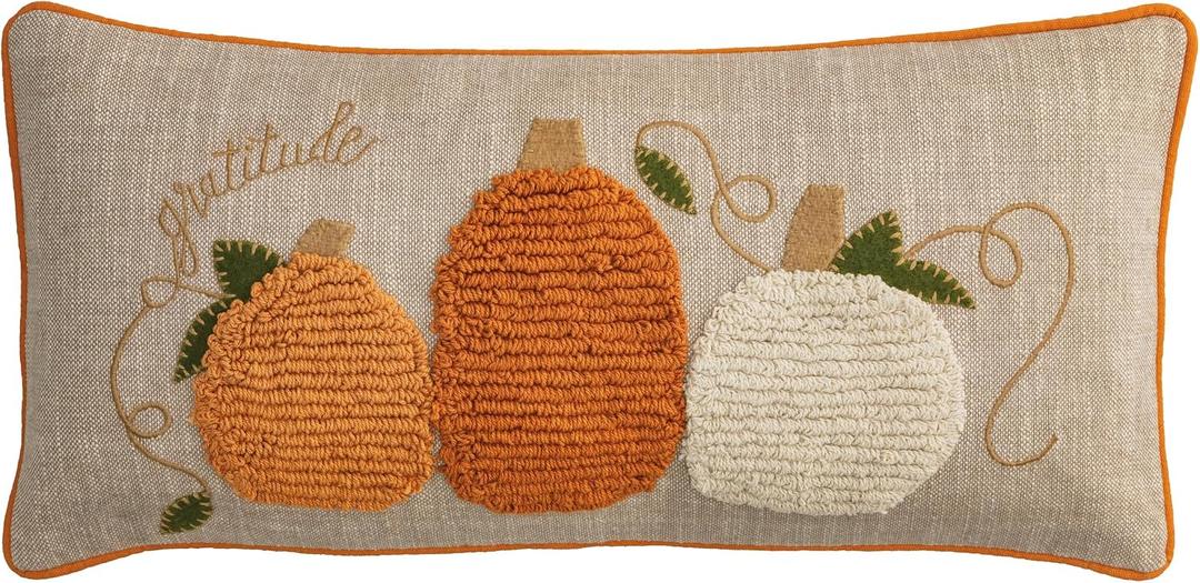 Mud Pie Thanksgiving Large Tufted Pumpkin Pillow, 13" x 24", Beige/Khaki